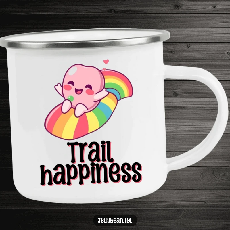 Funny jelly bean character sliding down a vibrant rainbow on a camping mug, designed for joyful outdoor adventures.