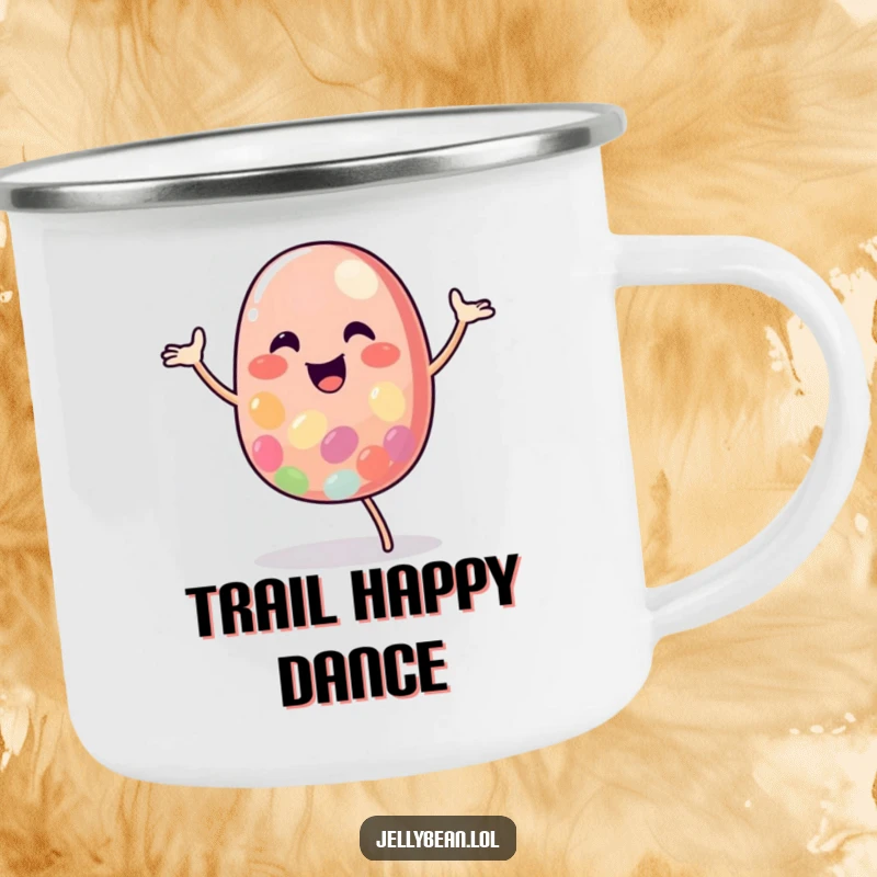 Funny Jelly Bean Camping Mug featuring a smiling character dancing happily beneath the stars, perfect for outdoor cheer.