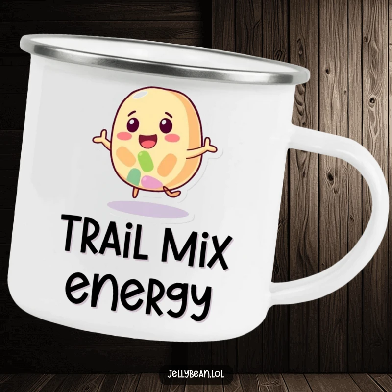 Funny camping mug featuring a happy jelly bean character in a playful bounce, perfect for hot or cold beverages outdoors.
