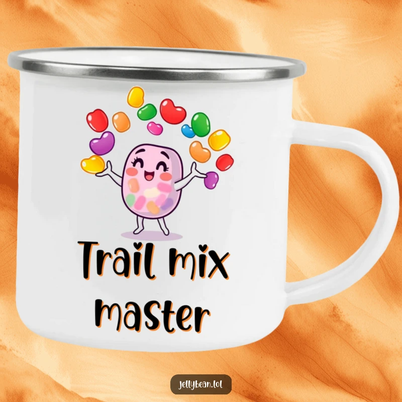 Funny jelly bean character juggling colorful jelly beans on a rugged camping mug, perfect for outdoor sipping and smiles.