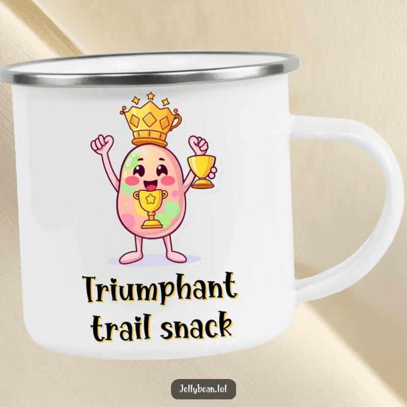 Funny camping mug: A jelly bean character triumphantly holds a trophy, perfect for celebrating outdoor wins.