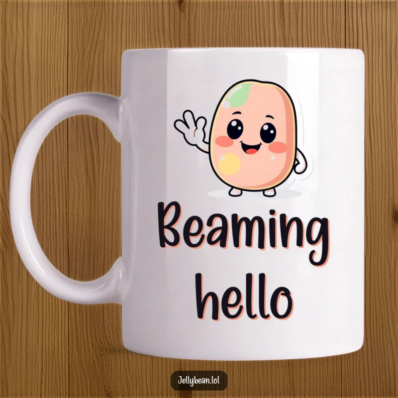 Funny jelly bean mug featuring a jolly character giving a friendly wave, exuding warmth and happiness, a delightful and humorous gift.