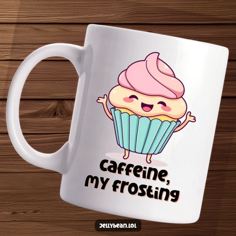 Funny mug featuring a happy anthropomorphic cupcake character wiggling with pure, unadulterated excitement and infectious enthusiasm.
