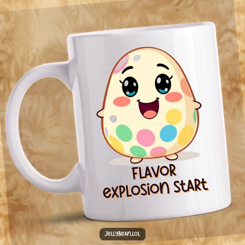 Funny Mug: A jelly bean character with a comically wide smile is shown mid-explosion, releasing waves of flavor, embodying pure delight.