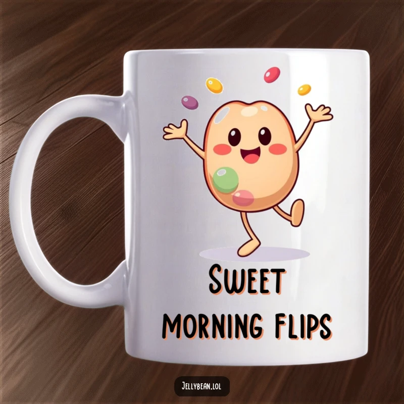 Funny mug featuring a smiley jelly bean character doing a cartwheel with segments flying off, embodying wild, hilarious abandon. A perfect funny gift.