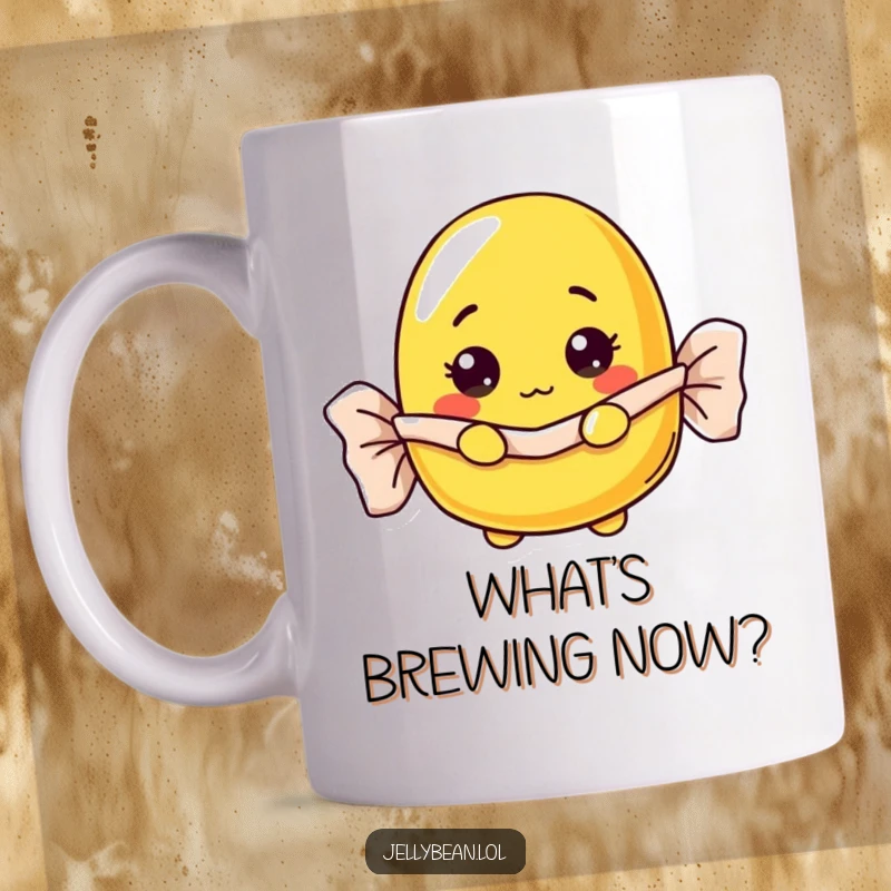 Funny curious yellow jelly bean mug peeking out of a wrapper, a delightful and funny gift.