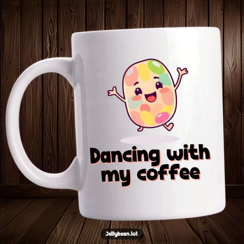 Funny Mug: A happy jelly bean character performs a jaunty dance with energetic moves, radiating pure joy and fun.