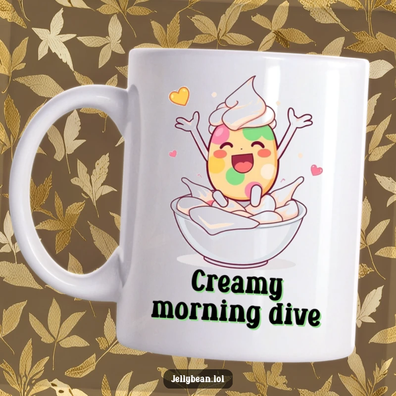 Funny mug shows a jelly bean character joyfully leaping into a bowl of fluffy whipped cream with absolute delighted abandon.