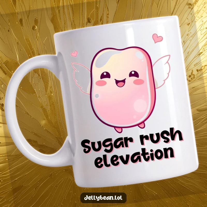Funny mug depicting a jubilant jelly bean with tiny wings, joyfully fluttering through the air, full of happiness.