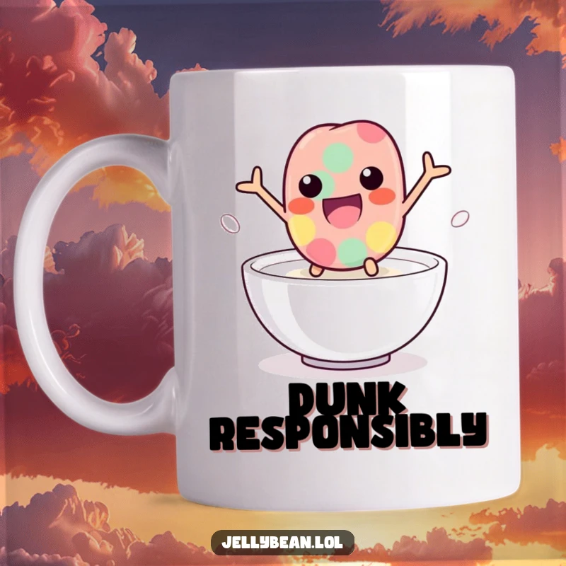 Funny jelly bean mug showing a playful character leaping into milk, capturing a moment of fun and mischief, a delightful and humorous gift.