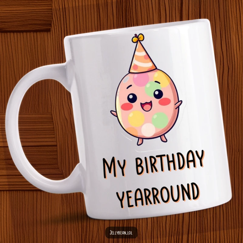 Funny party jelly bean mug with a delighted character in a tiny hat, ready for a fun celebration, making it a great gift.