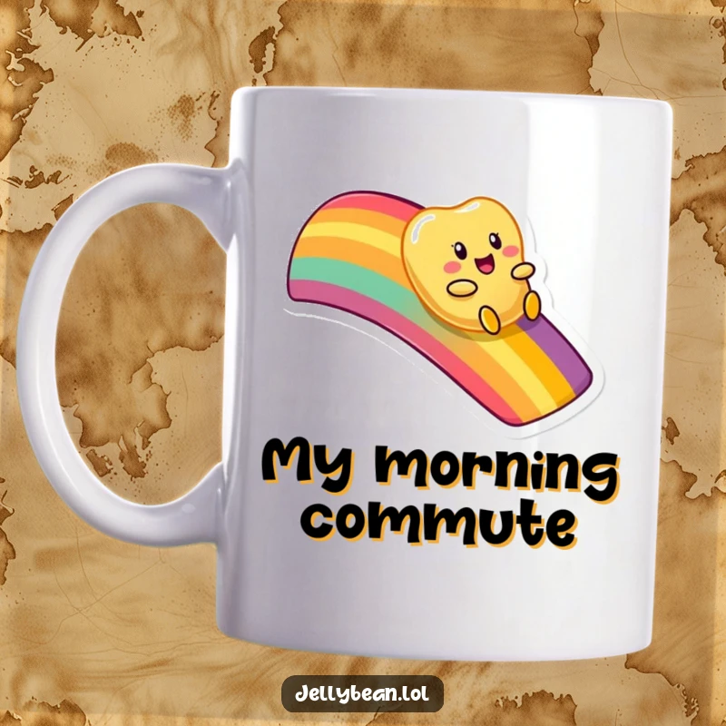 Funny mug showing an anthropomorphic jelly bean character playfully sliding down a vibrant, colorful rainbow with a smile.