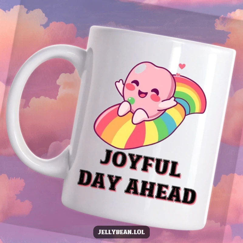 Funny jelly bean character gleefully sliding down a vibrant rainbow, expressing pure joy on this delightful mug.