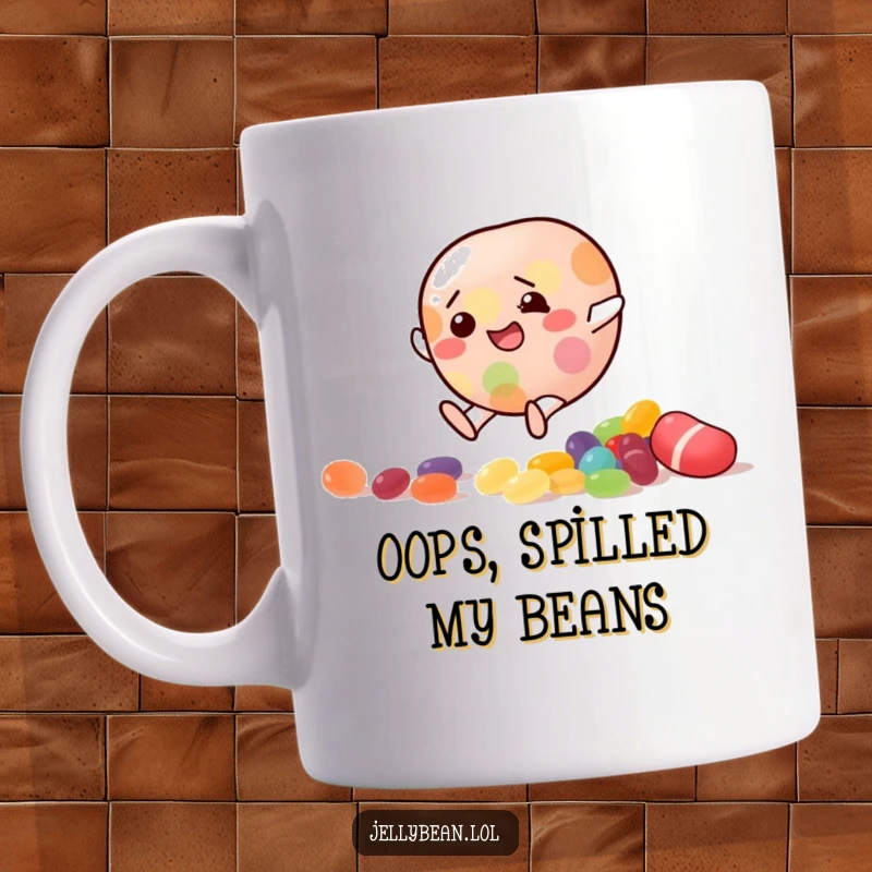 Funny Mug featuring a jelly bean character comically slipping on scattered candies, conveying hilarious clumsiness.