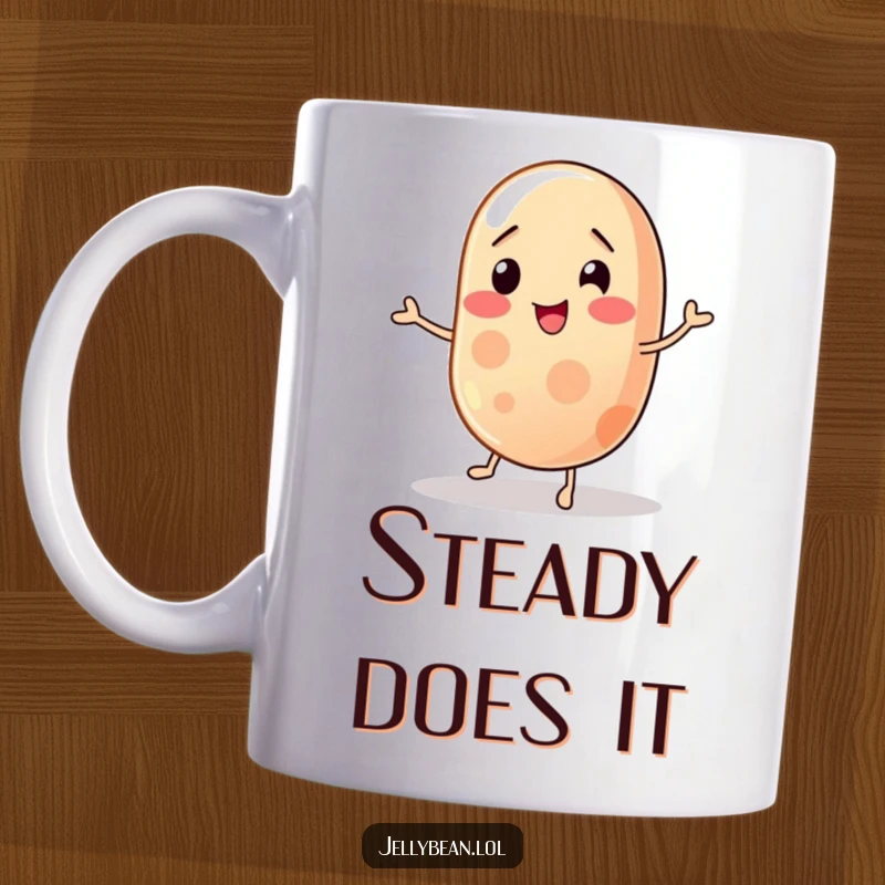 Funny jelly bean mug showing a wobbly character struggling to balance, depicting a humorous challenge, a relatable and amusing gift.