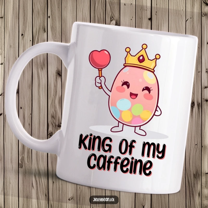 Funny Mug featuring a jelly bean character wearing a tiny crown, triumphantly posing beside a giant candy, embodying sweet victory.