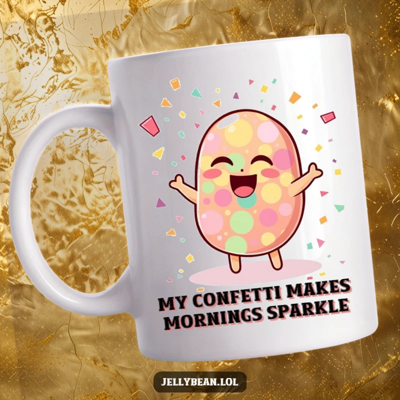 Funny mug featuring a wobbly, laughing jelly bean character exploding with colorful confetti, radiating pure, uninhibited joy and celebration.