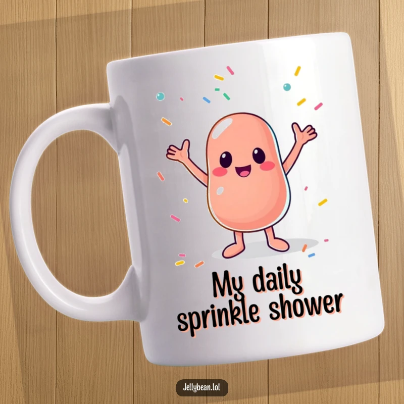 Funny mug of a cheerful anthropomorphic jelly bean with arms wide open, joyfully catching falling colorful sprinkles in a delightful, sweet moment.