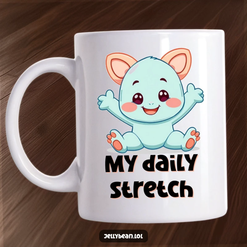 Funny mug featuring a smiling taffy character playfully stretching, radiating flexibility and cheerful energy.