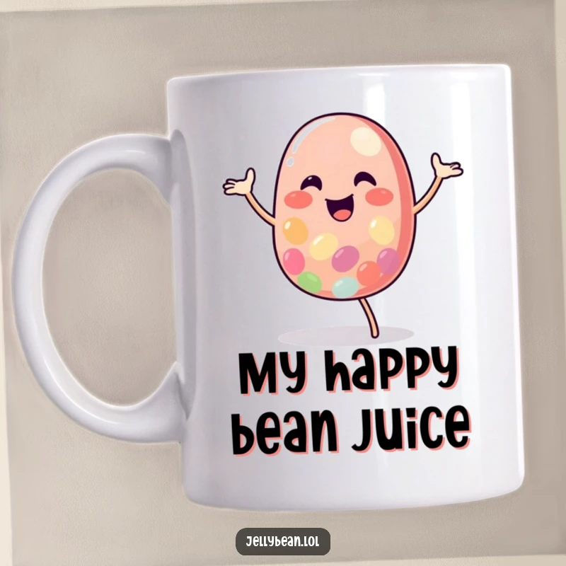 Funny Jelly Bean Mug featuring a vibrant, cheerful character dancing with pure joy, spreading happiness and laughter.