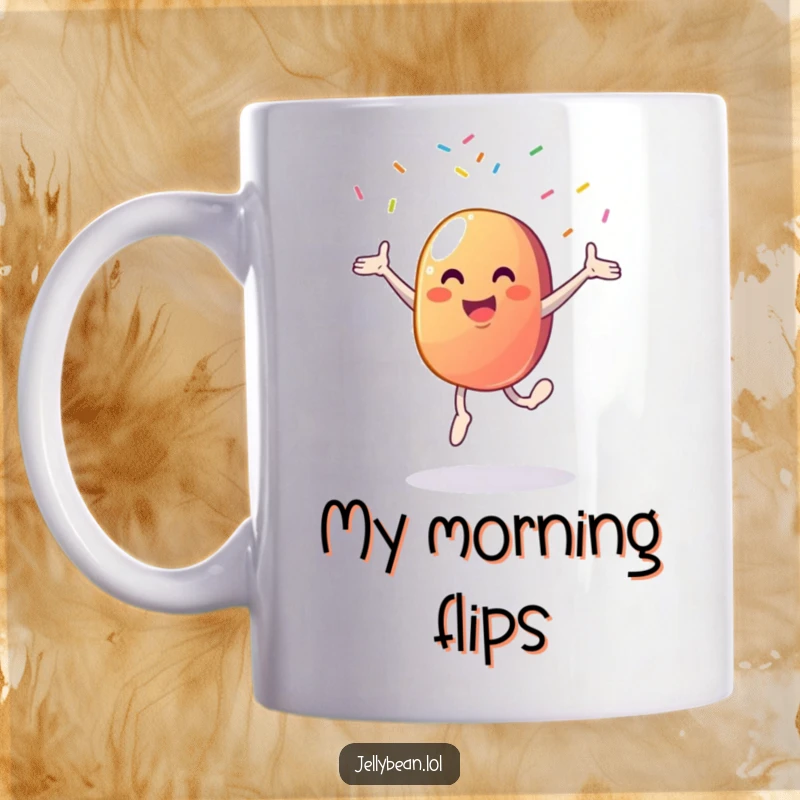Funny mug featuring a cheerful jelly bean character mid-cartwheel with colorful sprinkles exploding around it.