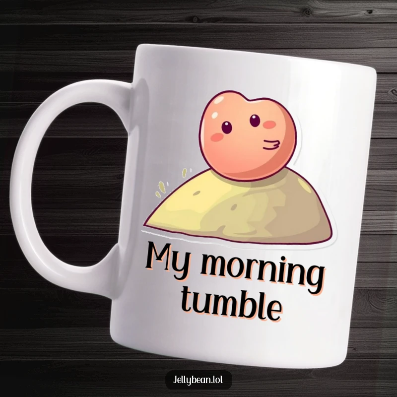 Funny Mug: A giggling jelly bean character comically rolls down a green hill, embodying pure, sweet delight.
