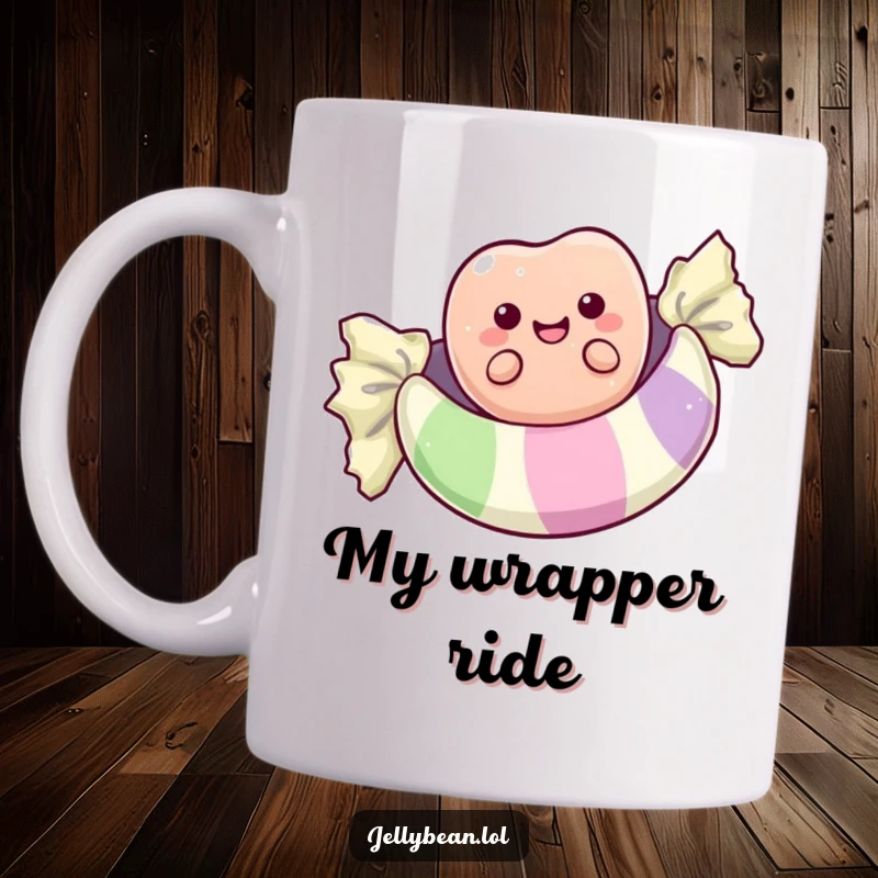 Funny mug showing a jubilant anthropomorphic jelly bean blissfully floating on a large, colorful candy wrapper, embodying sweet joy.