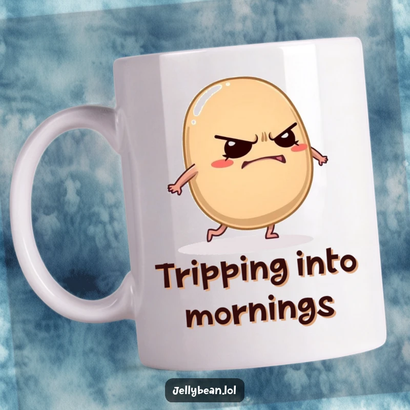 Funny grumpy jelly bean mug showing a mischievous character grinning while tripping over its own feet in a funny way.