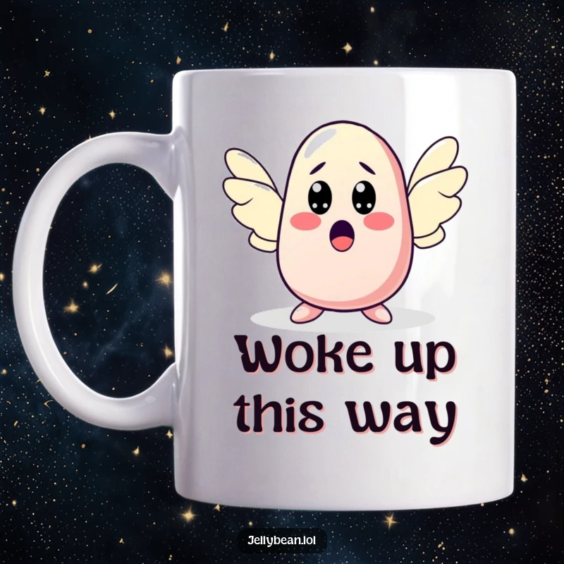 Funny mug featuring a jelly bean character with wide, surprised eyes as it sprouts wings, embodying shock and wonder. A perfect funny gift.
