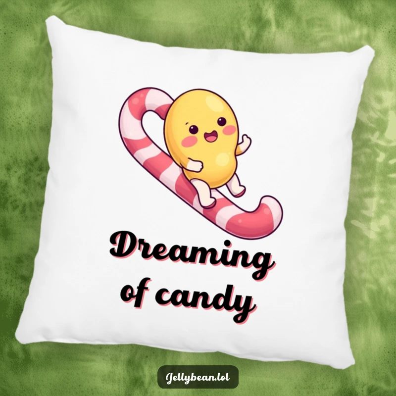 Funny Pillow with a jelly bean character happily riding a candy cane, perfect for sweet dreams and comfort.