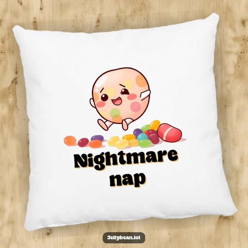 Funny Pillow with a jelly bean character comically slipping on candy, perfect for hugging and adding humor to any room.