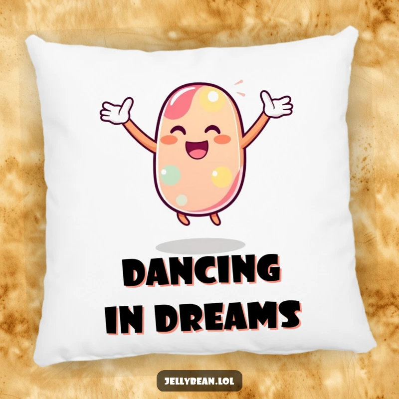 Funny Pillow with a jelly bean character in a joyful dance pose, perfect for hugging and adding celebration to any room.