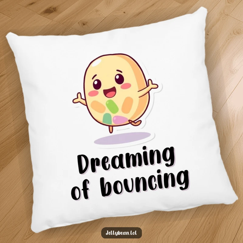 Funny decorative pillow featuring a happy jelly bean character in a fun bounce, offering softness and a sweet touch of cheer.