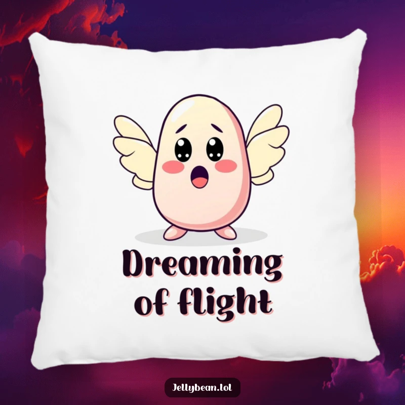 Funny pillow featuring a jelly bean character with a surprised expression sprouting wings, offering comfort and a touch of unexpected, funny magic. Perfect funny gift.