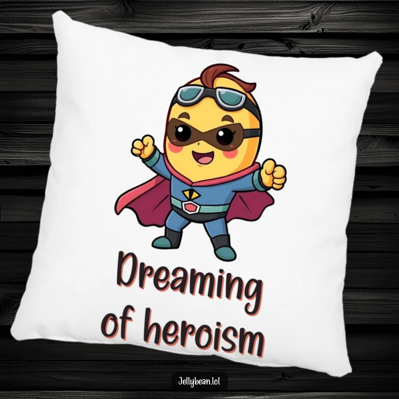 Funny pillow designed with a jelly bean character as a superhero, striking a powerful pose, perfect for cozy seating.