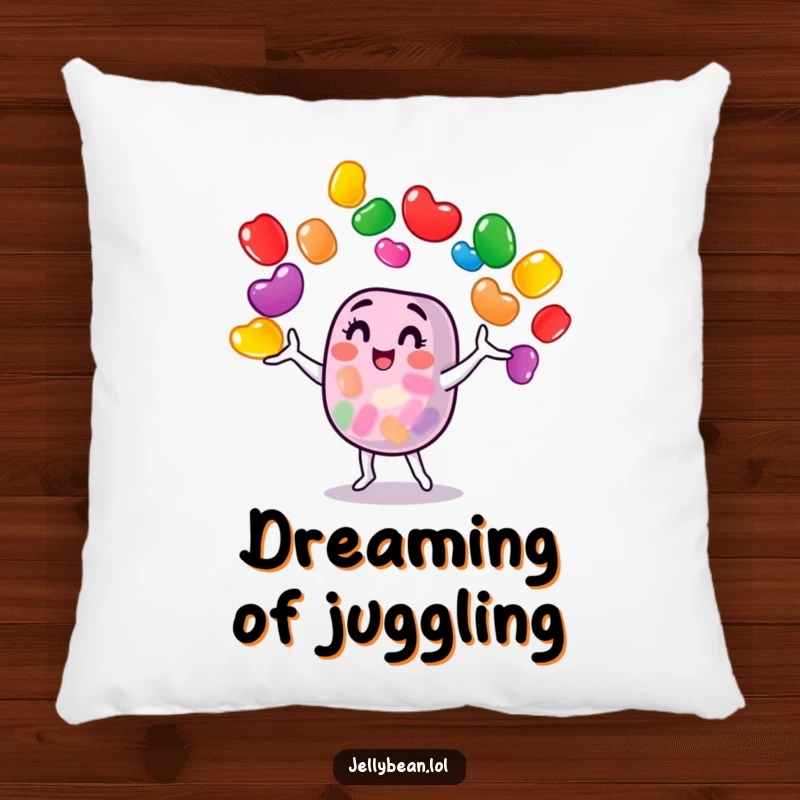 A plush pillow showcasing a funny jelly bean character skillfully juggling colorful jelly beans, bringing comfort and laughter.