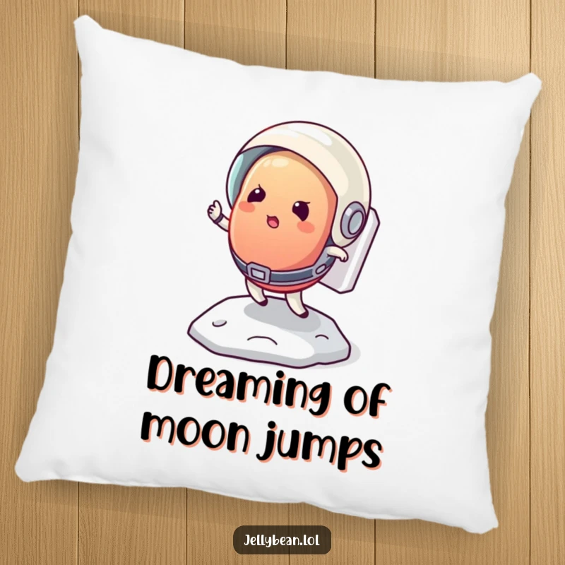Funny pillow showing a determined jelly bean astronaut bouncing on the moon, offering soft, humorous comfort.