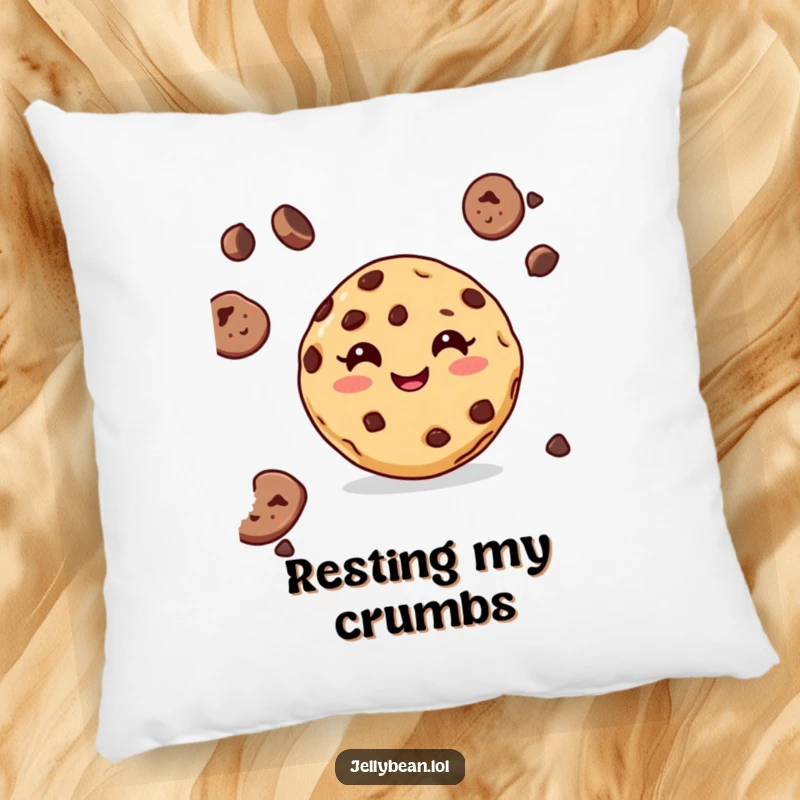 Funny decorative pillow featuring a delighted chocolate chip cookie with a happy grin, offering comfort and a sweet touch.