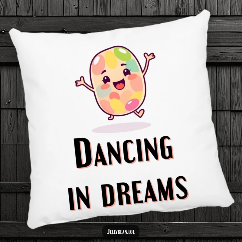 Funny Pillow: A happy jelly bean character dances joyfully, offering comfort and a touch of playful charm.