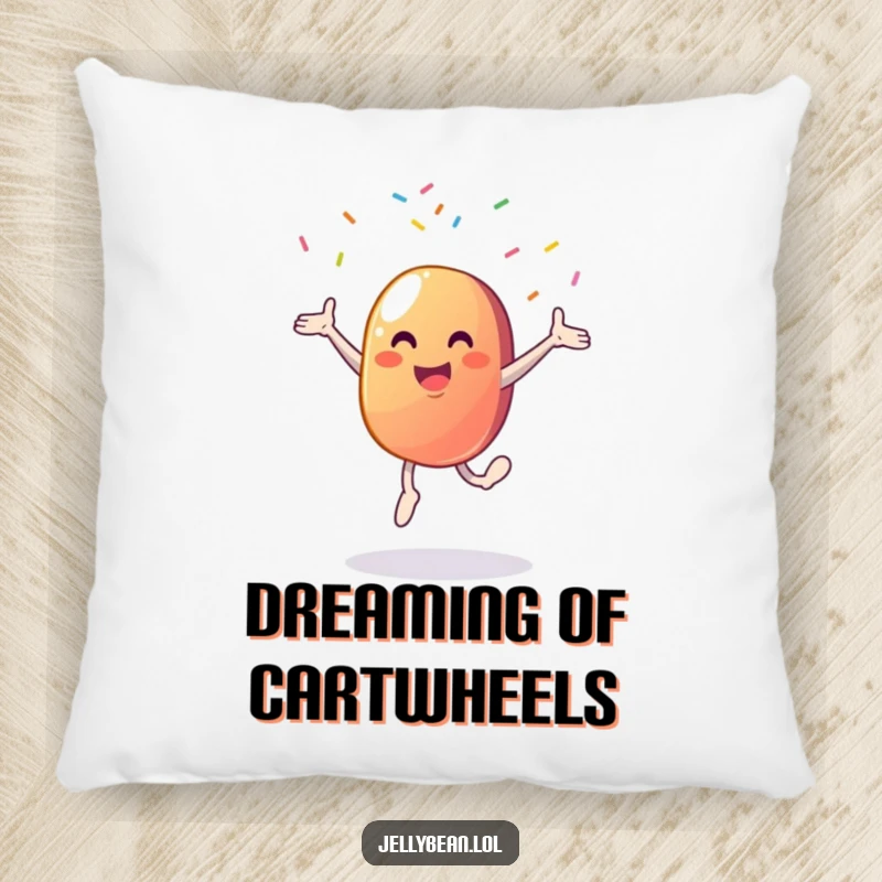 Funny pillow showcasing an ecstatic jelly bean character performing a cartwheel, adorned with a cascade of colorful sprinkles.