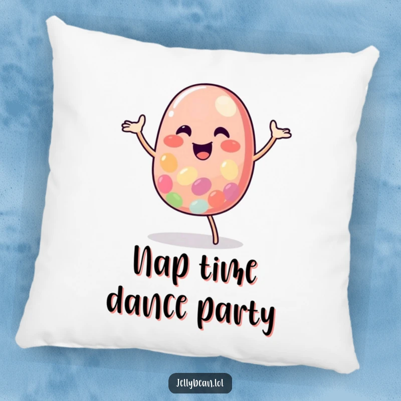 Funny Jelly Bean Pillow featuring a cute character in an energetic happy dance, perfect for adding humor to any seating area.