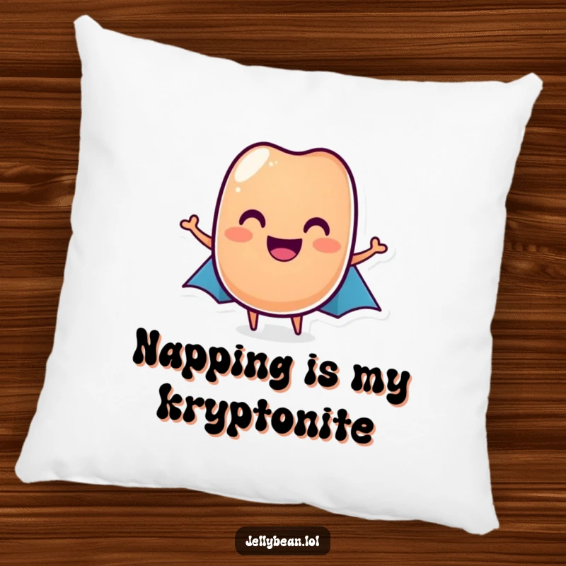 Funny jelly bean hero pillow with a wide grin and tiny cape, offering funny comfort and a great gift.