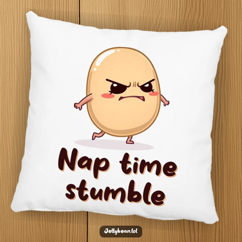 Funny jelly bean pillow featuring a grumpy character cracking a mischievous grin while tripping over its own feet.