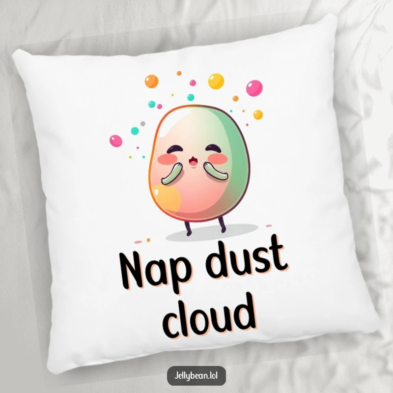 Funny pillow featuring a jelly bean character sneezing a colorful cloud of sugar dust, offering a soft and humorous decorative accent.