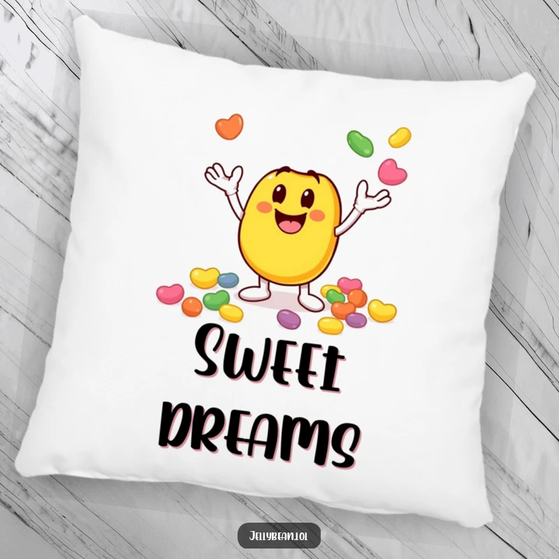 Funny pillow featuring a smiley jelly bean character joyfully juggling smaller jelly beans, offering comfort and vibrant, funny energy. Perfect funny gift.