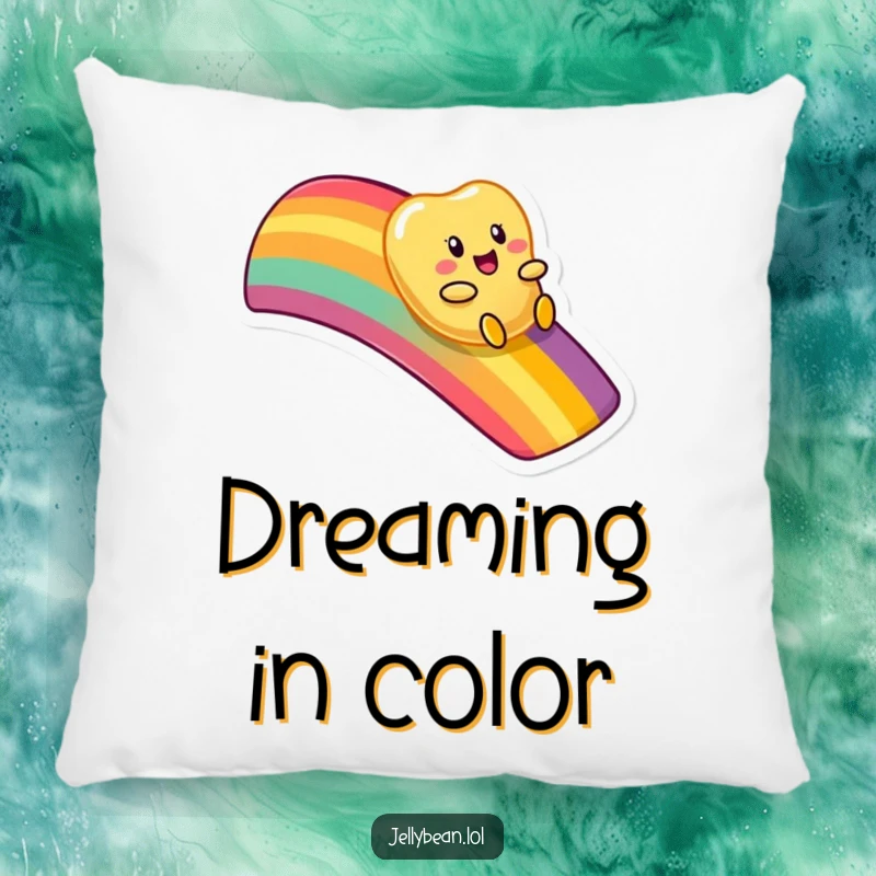Funny pillow with a cute anthropomorphic jelly bean character enjoying a playful slide down a colorful, vibrant rainbow.