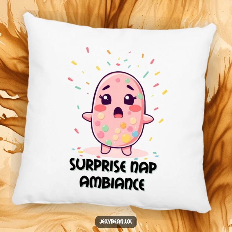 Funny pillow designed with a jelly bean character looking surprised as confetti rains down, perfect for cozy and festive seating.