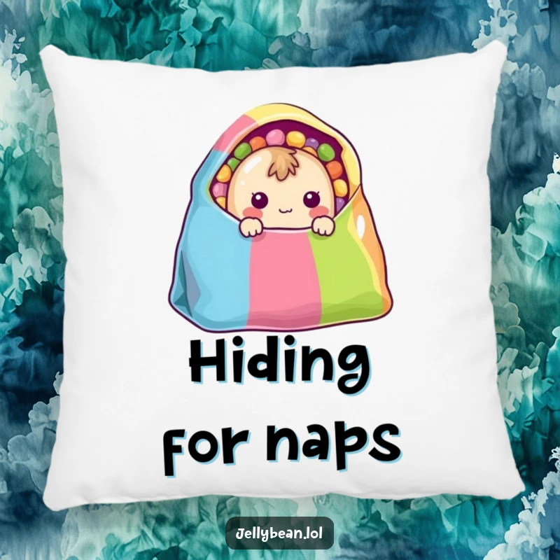Funny Pillow: A shy jelly bean character peeks from a colorful bag, offering comfort and a touch of sweet charm.