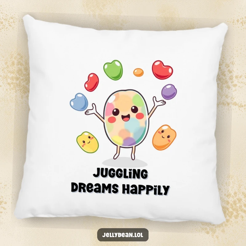 Funny pillow featuring a cheerful jelly bean character juggling playfully, offering comfort and a touch of vibrant, humorous charm.