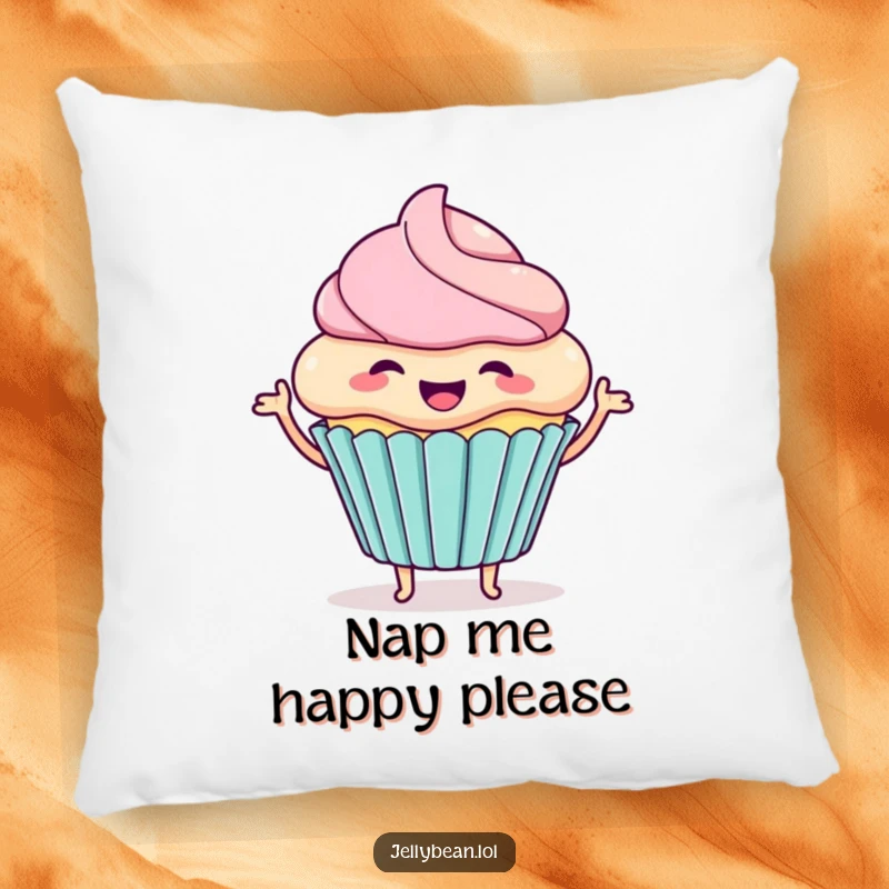Funny pillow featuring a happy cupcake character wiggling with excitement, offering comfort and a delightful dose of comedic charm.